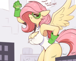 Size: 1862x1500 | Tagged: safe, artist:raps, fluttershy, pegasus, anthro, g4, armpits, big breasts, blush lines, blushing, boob window, breasts, busty fluttershy, cleavage, clothes, female, female focus, giantess, gloves, hand on hip, leotard, macro, macro/micro, mare, mask, pouting, ripped, ripped shirt, shirt, solo focus, superhero, superhero costume, thighs, thunder thighs, torn clothes