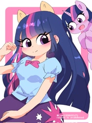 Size: 1537x2048 | Tagged: safe, artist:leo19969525, twilight sparkle, human, pony, equestria girls, g4, blushing, bow, clothes, ears, ears up, female, horn, human coloration, human ponidox, mare, open mouth, self paradox, self ponidox, skirt, smiling