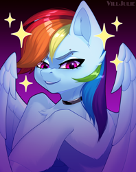 Size: 950x1200 | Tagged: safe, artist:villjulie, rainbow dash, pegasus, pony, g4, chest fluff, choker, collar, ear cleavage, eyebrow piercing, female, gradient background, looking at you, mare, piercing, purple eyes, signature, solo, sparkles, stars, wings