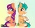 Size: 534x443 | Tagged: safe, artist:julunis14, hitch trailblazer, sunny starscout, earth pony, pony, g5, duo, duo male and female, female, gradient background, male, mane stripe sunny, mare, multicolored hair, rainbow hair, sheriff's badge, ship:starblazer, shipping, smiling, stallion, straight