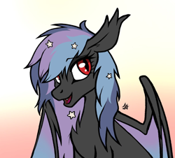Size: 1280x1159 | Tagged: safe, artist:jykinturah, oc, oc only, oc:stellar wind, bat pony, bat pony oc, eyes open, gradient background, looking at you, red eyes, smiling, solo, spread wings, wings