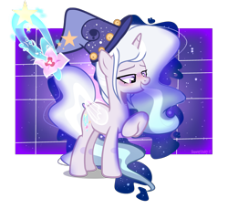 Size: 3297x3025 | Tagged: safe, artist:harmonyvitality-yt, oc, oc only, pony, unicorn, artificial wings, augmented, base used, ethereal mane, hat, high res, horn, magic, magic wings, offspring, parent:mistmane, parent:star swirl the bearded, parents:mistswirl, raised hoof, simple background, solo, starry mane, transparent background, unicorn oc, wings, wizard hat