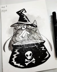 Size: 3456x4320 | Tagged: safe, artist:prettyshinegp, oc, oc only, alicorn, pony, alicorn oc, cauldron, female, hat, horn, inktober, inktober 2017, mare, skull and crossbones, solo, traditional art, wings, witch hat