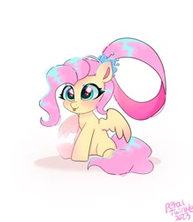 Size: 1115x1280 | Tagged: safe, artist:petaltwinkle, fluttershy, pegasus, pony, g4, :p, alternate hairstyle, chibi, cute, female, mare, shyabetes, signature, simple background, solo, tongue out, white background