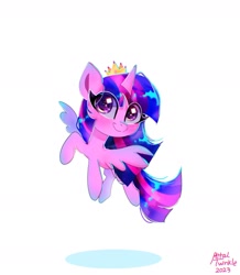Size: 1316x1511 | Tagged: safe, artist:petaltwinkle, twilight sparkle, alicorn, pony, g4, blushing, chibi, crown, cute, female, flying, jewelry, mare, regalia, signature, simple background, smiling, solo, spread wings, twiabetes, twilight sparkle (alicorn), white background, wings