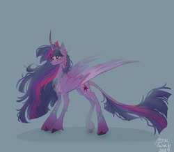 Size: 1511x1316 | Tagged: safe, artist:petaltwinkle, twilight sparkle, alicorn, classical unicorn, pony, g4, the last problem, blue background, cloven hooves, concave belly, crown, curved horn, ear piercing, earring, horn, jewelry, large wings, leonine tail, long mane, older, older twilight, older twilight sparkle (alicorn), peytral, piercing, princess twilight 2.0, regalia, signature, simple background, solo, tail, tall, twilight sparkle (alicorn), ultimate twilight, unshorn fetlocks, wings