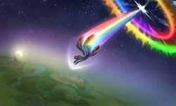 Size: 1600x963 | Tagged: safe, artist:mojjetolii, rainbow dash, pegasus, pony, g4, colored wings, flying, multicolored wings, rainbow trail, rainbow wings, solo, sonic rainboom, stars, wings