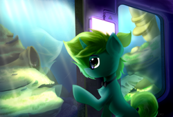 Size: 2500x1700 | Tagged: safe, artist:rainydark, oc, oc only, pony, unicorn, atmosphere, clothes, crepuscular rays, dark, digital art, gift art, green eyes, light, lightning, looking up, male, ocean, seaweed, shadow, solo, submarine, sunlight, underwater, water