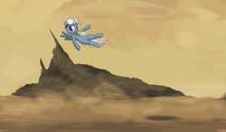 Size: 769x450 | Tagged: safe, artist:pinkchalk, artist:truthormare, dust devil, pegasus, pony, g4, collaboration, dust, female, flying, goggles, goggles on head, lineart, mare, painting, scenery, solo