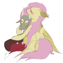 Size: 1337x1336 | Tagged: safe, artist:vilesmell, discord, fluttershy, bat pony, draconequus, pony, g4, bat ponified, blushing, crush plush, duo, duo male and female, female, flutterbat, implied discoshy, implied shipping, implied straight, male, mare, plushie, race swap, simple background, white background