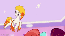 Size: 360x202 | Tagged: safe, screencap, flare (g5), jazz hooves, pipp petals, rocky riff, earth pony, pegasus, pony, g5, mane melody, my little pony: tell your tale, spoiler:g5, spoiler:my little pony: tell your tale, spoiler:tyts01e05, animated, electric razor, female, flying, gif, group, happy, jewelry, looking at someone, looking up, male, mane melody (location), mare, necklace, open mouth, pose, raised hoof, razor, smiling, sparkles, spread wings, stage, stage light, stallion, talking, tiara, wingding eyes, wings