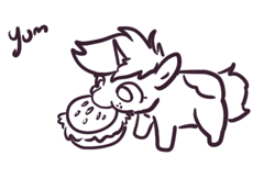 Size: 510x331 | Tagged: safe, artist:nootaz, oc, oc only, oc:nootaz, pony, unicorn, black and white, burger, eating, female, food, grayscale, hay burger, mare, monochrome, simple background, solo, white background