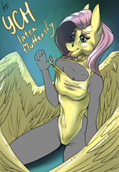 Size: 1640x2360 | Tagged: safe, artist:stirren, fluttershy, anthro, g4, bodysuit, clothes, commission, cosplay, costume, ears up, kneeling, latex, looking at you, one-piece swimsuit, pinup, pose, swimsuit, tongue out, wings, your character here