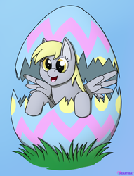 Size: 1508x1974 | Tagged: safe, artist:passionpanther, derpy hooves, pegasus, pony, g4, blue background, cute, easter, easter egg, holiday, peeking, simple background, solo