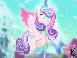 Size: 2160x1620 | Tagged: safe, artist:jesslmc16, princess flurry heart, alicorn, pony, g4, clothes, crystal empire, digital art, female, flying, future, jewelry, looking at you, mare, older, older flurry heart, princess, procreate app, smiling, smiling at you, solo, sparkles, tiara