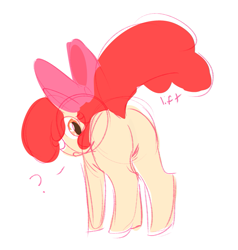Size: 723x759 | Tagged: dead source, safe, artist:cunnyluvr, apple bloom, earth pony, pony, g4, bloom butt, butt, female, filly, foal, plot, question mark, raised tail, simple background, sketch, solo, tail, tail lift, white background
