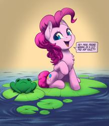 Size: 1967x2262 | Tagged: safe, artist:taytinabelle, color edit, derpibooru exclusive, edit, editor:maonyman, pinkie pie, earth pony, frog, pony, g4, :<, chest fluff, colored, dialogue, ear fluff, eye reflection, female, happy, lilypad, looking at you, mare, open mouth, raised hoof, reflection, smiling, solo, speech bubble, sunrise, water