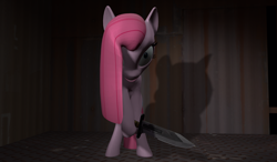 Size: 1764x1029 | Tagged: safe, artist:pointpony, pinkie pie, earth pony, pony, g4, 2013, 3d, artifact, creepy, female, link in description, looking at you, mare, pinkamena diane pie, saw, scary, solo, source filmmaker, this will end in cupcakes