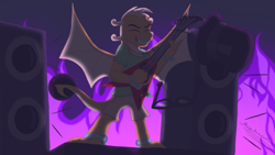 Size: 1280x720 | Tagged: safe, artist:megaanimationfan, oc, oc only, oc:myoozik the dragon, dragon, dragon oc, electric guitar, fire, guitar, heavy metal, musical instrument, non-pony oc, playing instrument, speaker, stage