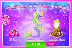 Size: 1962x1301 | Tagged: safe, gameloft, idw, lilac cove, merpony, g4, my little pony: magic princess, advertisement, costs real money, english, female, gem, idw showified, introduction card, mare, mirror, mobile game, numbers, sale, solo, text