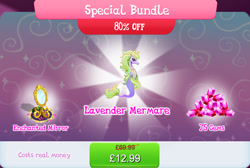 Size: 1269x854 | Tagged: safe, gameloft, idw, lilac cove, merpony, g4, my little pony: magic princess, bundle, costs real money, english, female, gem, idw showified, mare, mirror, mobile game, numbers, sale, solo, text