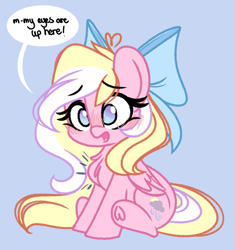 Size: 2577x2738 | Tagged: safe, artist:emberslament, oc, oc only, oc:bay breeze, pegasus, pony, blue background, blushing, bow, chest fluff, cute, embarrassed, hair bow, high res, open mouth, simple background, sitting, solo, speech bubble
