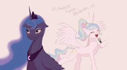 Size: 2000x1105 | Tagged: safe, artist:pascal571, princess celestia, princess luna, alicorn, pony, g4, alternate hairstyle, beige background, blushing, cute, cutelestia, duo, duo female, eyes closed, female, floppy ears, happy, holding, hoof hold, jewelry, lunabetes, lynyrd skynyrd, mare, microphone, ponytail, regalia, simple background, singing, sweet home alabama