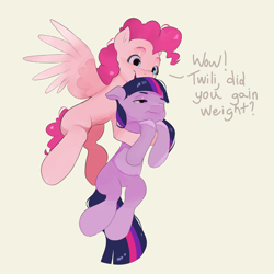 Size: 1800x1800 | Tagged: safe, artist:pascal571, pinkie pie, twilight sparkle, earth pony, pegasus, pony, g4, alternate universe, anatomically incorrect, beige background, carrying, cute, diapinkes, duo, earth pony twilight, female, floppy ears, flying, g5 concept leaks, happy, holding, holding a pony, implied weight gain, incorrect leg anatomy, mare, missing cutie mark, pegasus pinkie pie, pinkie pie (g5 concept leak), race swap, simple background, smiling, spread wings, text, twiabetes, twilight sparkle (g5 concept leak), twilight sparkle is not amused, unamused, unhappy, wings