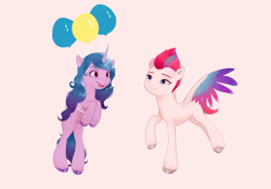 Size: 2700x1880 | Tagged: safe, artist:pascal571, izzy moonbow, zipp storm, pegasus, pony, unicorn, g5, balloon, beige background, cute, duo, female, floating, flying, izzybetes, looking at someone, mare, missing cutie mark, open mouth, open smile, simple background, smiling, the new pinkie pie