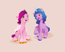 Size: 2500x2000 | Tagged: safe, artist:pascal571, izzy moonbow, pipp petals, pegasus, pony, unicorn, g5, adorapipp, beige background, confused, cute, duo, female, high res, izzybetes, looking up, mare, open mouth, open smile, simple background, smiling