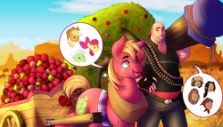 Size: 7000x4000 | Tagged: safe, artist:lycantrin, apple bloom, applejack, big macintosh, bloomberg, granny smith, earth pony, human, pony, g4, apple, apple cart, apple tree, big brother, bonding, bullet, bullet belt, cart, crossover, desert, duo, food, heavy (tf2), heavy weapons guy, horse collar, male, outdoors, pictogram, smiling, speech bubble, stallion, sunshine, talking, team fortress 2, tree, wholesome