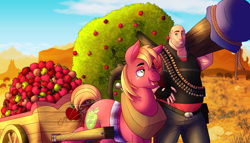 Size: 7000x4000 | Tagged: safe, alternate version, artist:lycantrin, big macintosh, bloomberg, earth pony, human, pony, g4, absurd resolution, apple, apple cart, apple tree, big brother, bullet, bullet belt, cart, crossover, desert, duo, eyebrows, food, freckles, heavy (tf2), heavy weapons guy, male, smiling, stallion, sunshine, talking, team fortress 2, tree, wholesome