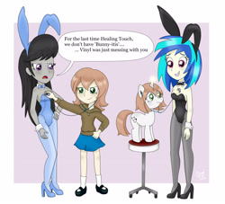 Size: 3273x2975 | Tagged: safe, artist:bageloftime, dj pon-3, octavia melody, vinyl scratch, oc, oc:healing touch, human, pony, unicorn, equestria girls, g4, annoyed, bunny suit, checkup, clothes, commission, concerned, costume, female, filly, foal, high res, hoodie, skirt, speech bubble, stethoscope
