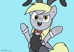 Size: 904x642 | Tagged: safe, artist:realdash, derpy hooves, pegasus, pony, undead, vampire, vampony, g4, aggie.io, arms in the air, bipedal, blue background, bowtie, bunny ears, bunny suit, clothes, cute, cyan background, derpabetes, easter, evil smile, fangs, female, folded wings, grin, holiday, looking at you, mare, open mouth, pixel art, simple background, sitting, smiling, solo, wings