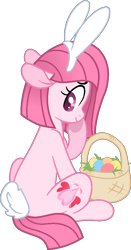 Size: 476x905 | Tagged: safe, artist:muhammad yunus, oc, oc only, oc:annisa trihapsari, earth pony, pony, animal costume, base used, bunny costume, clothes, costume, cute, earth pony oc, easter, female, holiday, looking at you, looking back, looking back at you, mare, ocbetes, pink body, pink eyes, pink mane, simple background, smiling, smiling at you, solo, transparent background, worried smile