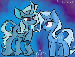 Size: 1024x768 | Tagged: safe, artist:toxiccoswynaut, oleander (tfh), trixie, classical unicorn, pony, unicorn, them's fightin' herds, g4, alternate color palette, cloven hooves, community related, crossover, duo, female, frown, horn, leonine tail, lidded eyes, mare, unshorn fetlocks