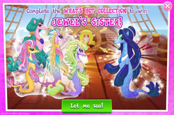 Size: 1962x1298 | Tagged: safe, gameloft, gold pearl, jewel, jewel darter, lapis (g4), lilac cove, merpony, g4, my little pony: magic princess, advertisement, collection, english, female, group, jewel's sister, jewelry, mare, mobile game, necklace, text