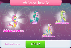 Size: 1268x858 | Tagged: safe, gameloft, jewel, jewel darter, lilac cove, merpony, g4, my little pony: magic princess, bundle, collection, costs real money, english, female, group, jewelry, mare, mobile game, necklace, numbers, text, welcome bundle