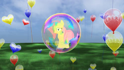 Size: 1192x670 | Tagged: safe, artist:tedster7800, fluttershy, pegasus, pony, g4, 3d, balloon, bubble, female, fluttershy trapped in a bubble, in bubble, sky, soap bubble, solo, trap (device), trapped