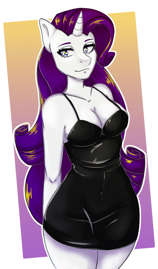 [anthro,breasts,cleavage,clothes,dress,female,little black dress,outline,rarity,safe,solo,unicorn,black dress,arm behind back,white outline,busty rarity,artist:sharly,passepartout]