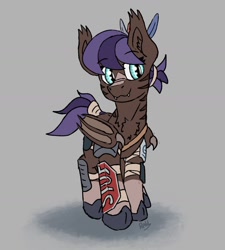 Size: 980x1090 | Tagged: safe, artist:reddthebat, oc, oc only, oc:echoes-of-thunder, bat pony, pony, fallout equestria, armor, bat pony oc, fangs, female, gray background, looking at you, mare, simple background, smiling, smiling at you, solo, stop sign