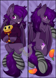 Size: 4144x5776 | Tagged: safe, artist:rokosmith26, oc, oc only, oc:midnight purple, bat pony, bee, pony, absurd resolution, bat pony oc, bat wings, blaze (coat marking), blushing, body pillow, body pillow design, butt, cheek fluff, clothes, coat markings, commission, dakimakura cover, ear fluff, eye clipping through hair, eyebrows, eyebrows visible through hair, facial markings, fangs, food, forked tongue, fruit, holding, hoodie, jersey, long hair, long mane, looking at you, lying down, male, mango, markings, minecraft, minecraft bee, on back, partially open wings, pink eyes, plot, plushie, prone, smiling, smiling at you, socks, solo, spread wings, stallion, striped socks, teeth, tongue out, tooth, wall of tags, watermark, wings