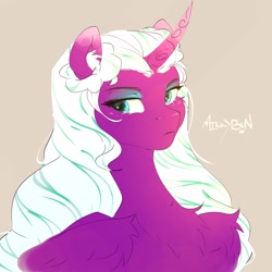 Size: 2048x2048 | Tagged: safe, artist:mikkybun, opaline arcana, alicorn, pony, g5, spoiler:g5, beige background, bust, chest fluff, curved horn, ear fluff, eyebrows, eyeshadow, female, folded wings, frown, high res, horn, looking away, looking sideways, makeup, mare, signature, simple background, solo, three quarter view, wings