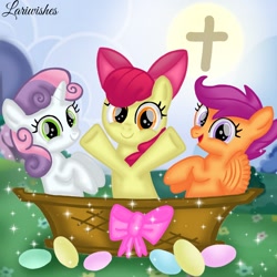 Size: 1400x1400 | Tagged: safe, artist:mlplary6, apple bloom, scootaloo, sweetie belle, earth pony, pegasus, pony, unicorn, g4, basket, christianity, cross, cutie mark crusaders, easter, easter egg, female, filly, foal, friends, holiday, looking at you, religion, smiling, smiling at you, trio