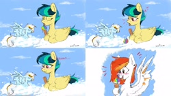 Size: 3840x2160 | Tagged: oc name needed, safe, artist:greatsunflow42, oc, oc:apogee, pegasus, pony, 4 panel comic, cloud, comic, dropped ice cream, food, high res, ice cream, ice cream cone, licking, lying down, ponyloaf, prone, tongue out