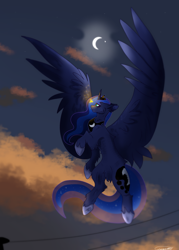Size: 2611x3645 | Tagged: safe, artist:itzlarinda17, princess luna, alicorn, firefly (insect), insect, pony, g4, cloud, crescent moon, female, flying, high res, mare, moon, sky, stars