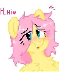 Size: 679x834 | Tagged: safe, artist:greatsunflow42, fluttershy, pegasus, pony, g4, chest fluff, eye clipping through hair, hair over one eye, hi, pixel art, short mane, simple background, solo, white background