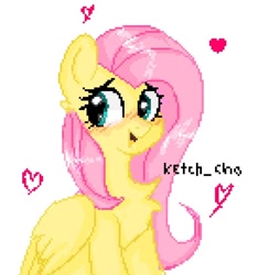 Size: 712x730 | Tagged: safe, artist:greatsunflow42, fluttershy, pegasus, pony, g4, blushing, chest fluff, heart, looking sideways, pixel art, simple background, solo, white background