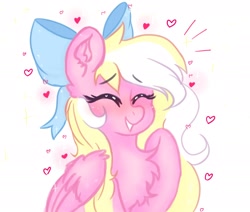 Size: 2048x1740 | Tagged: safe, artist:greatsunflow42, oc, oc only, oc:bay breeze, pegasus, pony, bow, chest fluff, emanata, eyes closed, hair bow, simple background, smiling, solo, white background