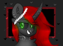 Size: 1122x832 | Tagged: safe, artist:greatsunflow42, oc, oc only, oc:void, alicorn, pony, alicorn oc, black sclera, bust, grin, horn, nose piercing, nose ring, piercing, smiling, solo, wings